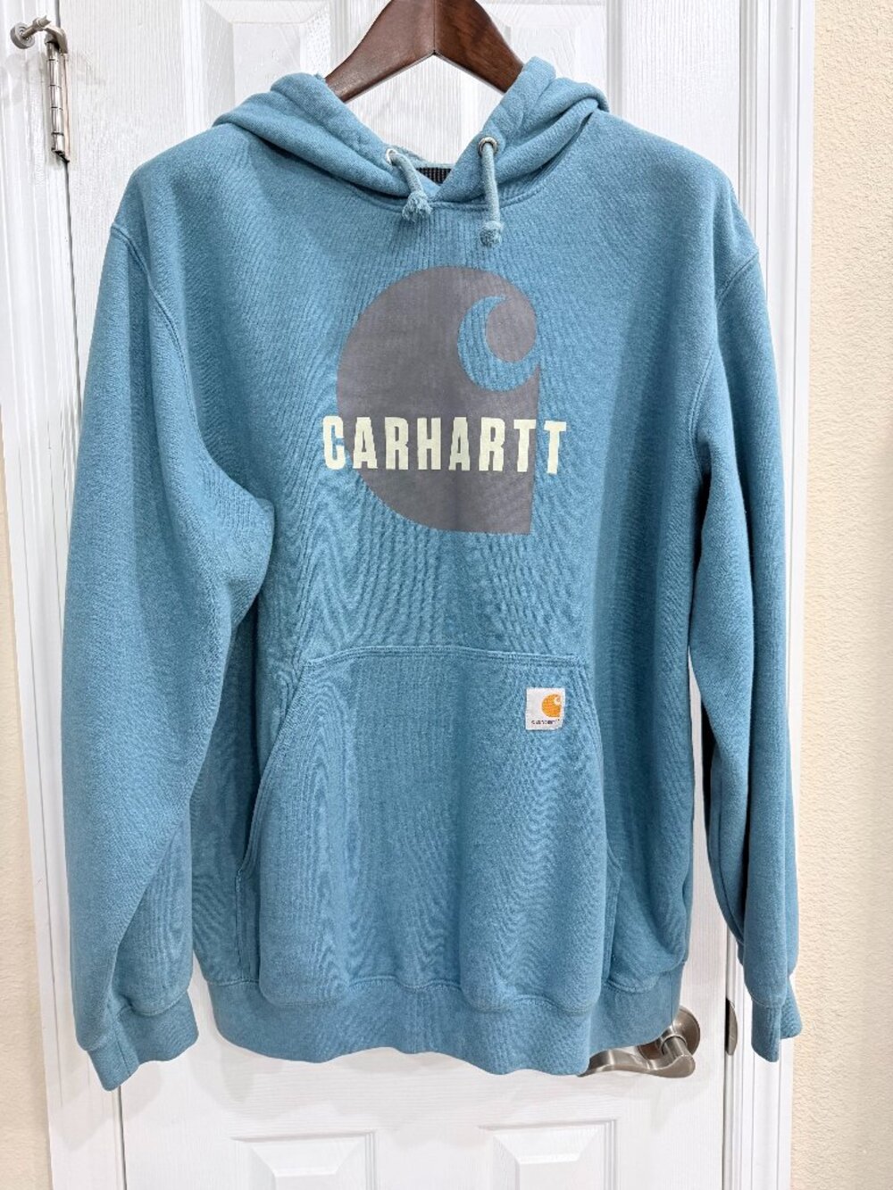 Carhartt Loose Fit Hoodie Large Blue Logo Pullover Fleece Lined Sweatshirt L